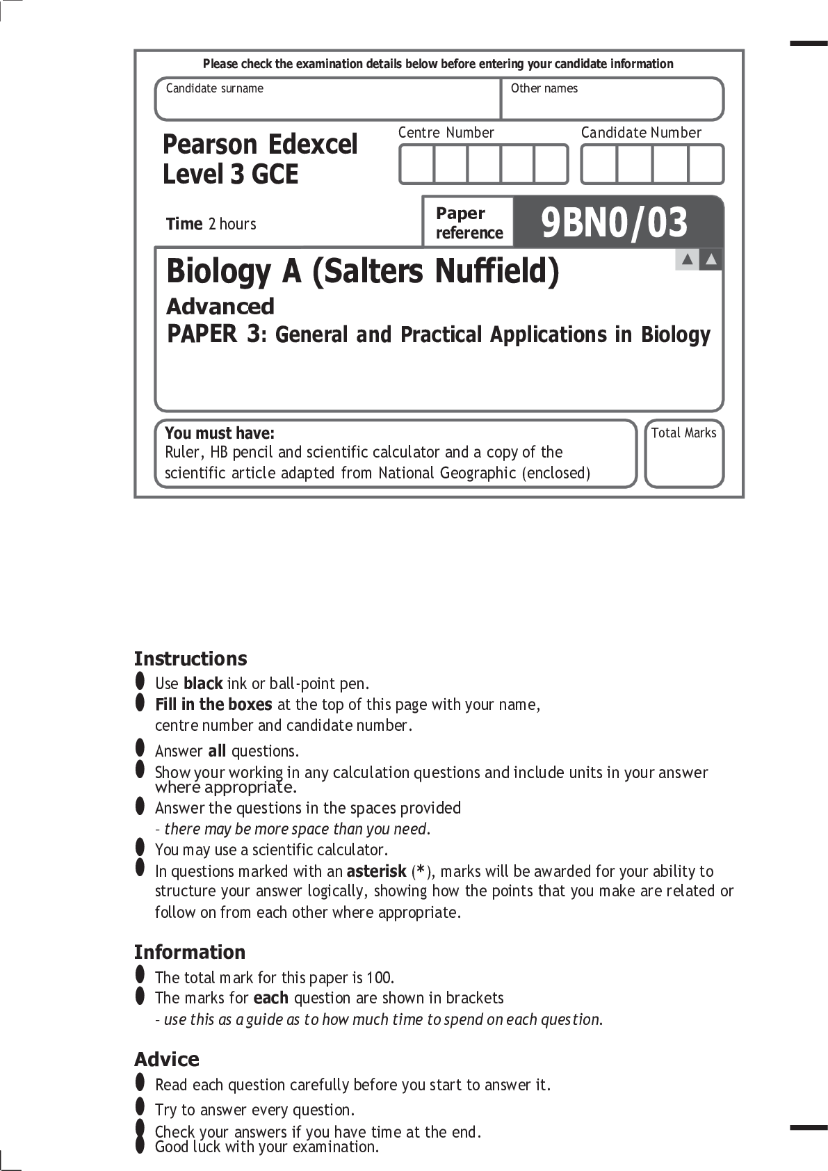 Preview image for Pearson Edexcel Level 3 GCE Biology A (Salters Nuffield) Advanced PAPER 3: General and Practical Applications in Biology